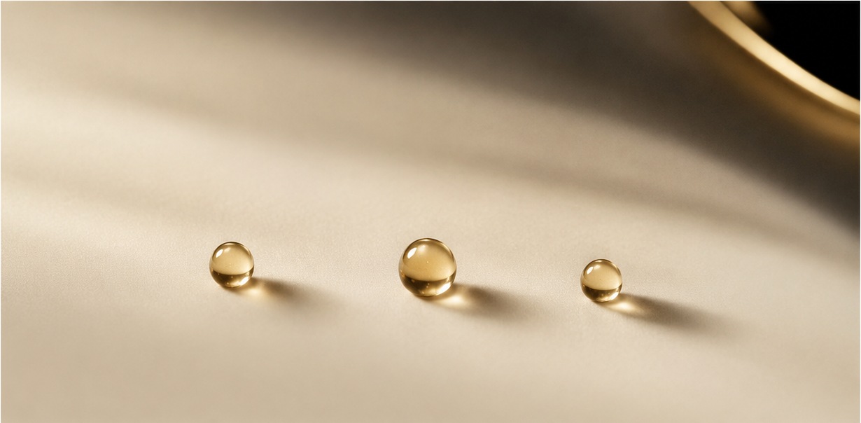Golden droplets of hyaluronic resting on a smooth cream surface