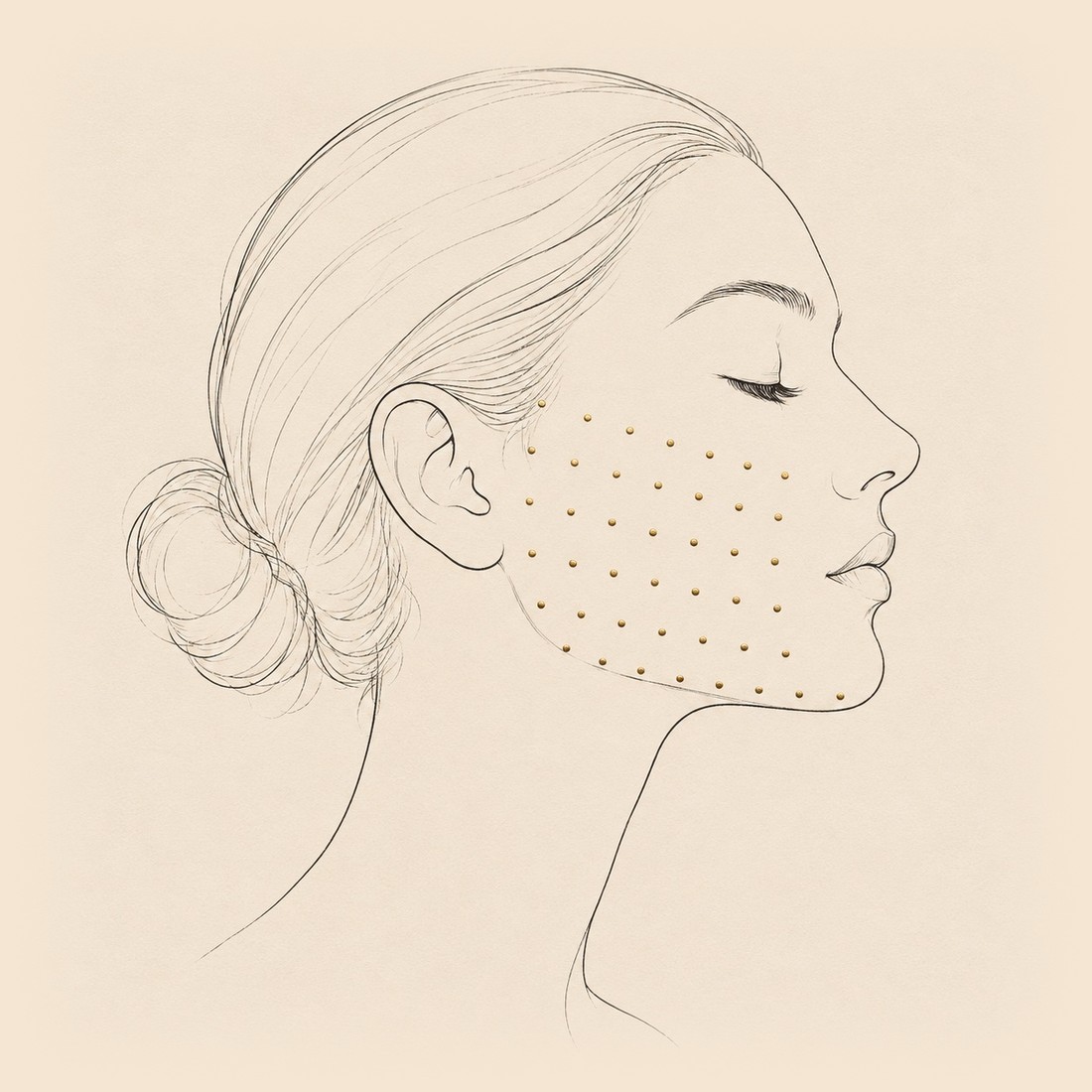 Line illustration of a face in profile with a constellation of evenly spaced golden dots across the cheek and jawline